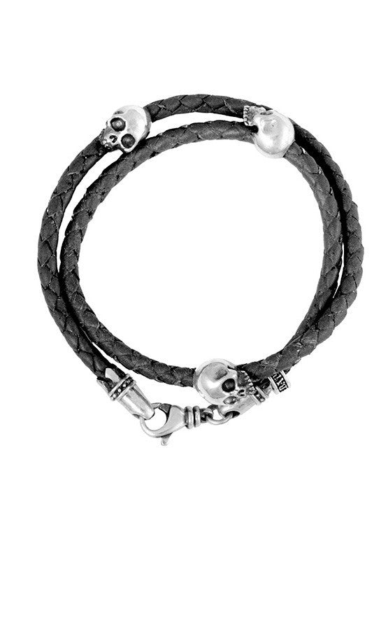 8mm Lava Rock Bead Bracelet w/ 3 Skulls and 2 Silver Beads | M / Black - King Baby Studio