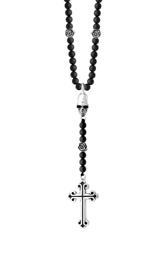 Rosary with 8mm Beads, 10K Gold Skull and Traditional Cross w/ T