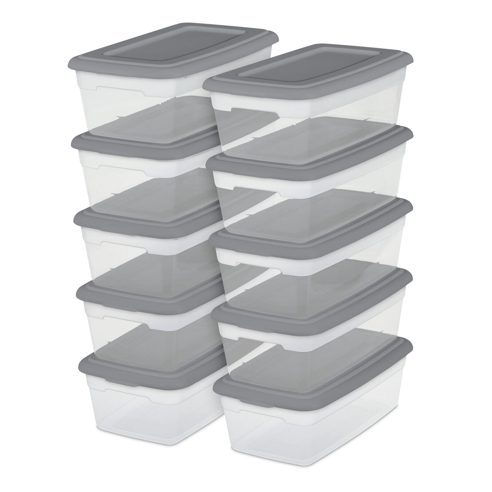 Sterilite Set of (10) 6 Qt. Clear Plastic Storage Boxes with Gray Lids