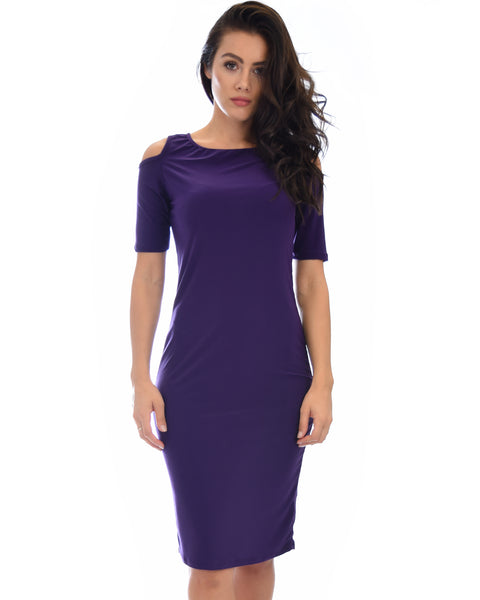 Lyss Loo Love Me Completely Cold Shoulder Purple Bodycon Midi Dress