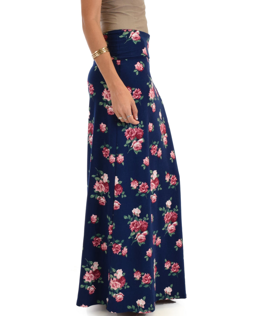 Lyss Loo Casablanca Fold Over Navy Floral Maxi Skirt