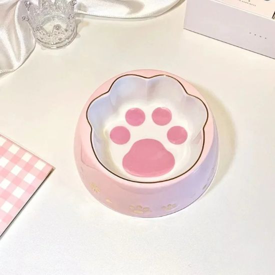 gamelle chat porcelaine rose avec empreinte patte intérieur