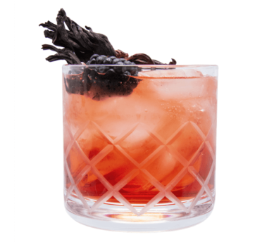 A rocks glass filled with ice and light red liquid, garnished with dried hibiscus and a blackberry