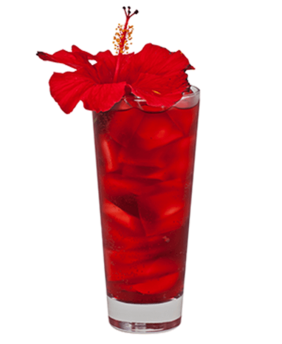 red drink in glass with red flower garnish