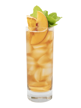A tall Collins glass filled with ice and a light brown beverage, garnished with a peach slice, orange slice, and mint.