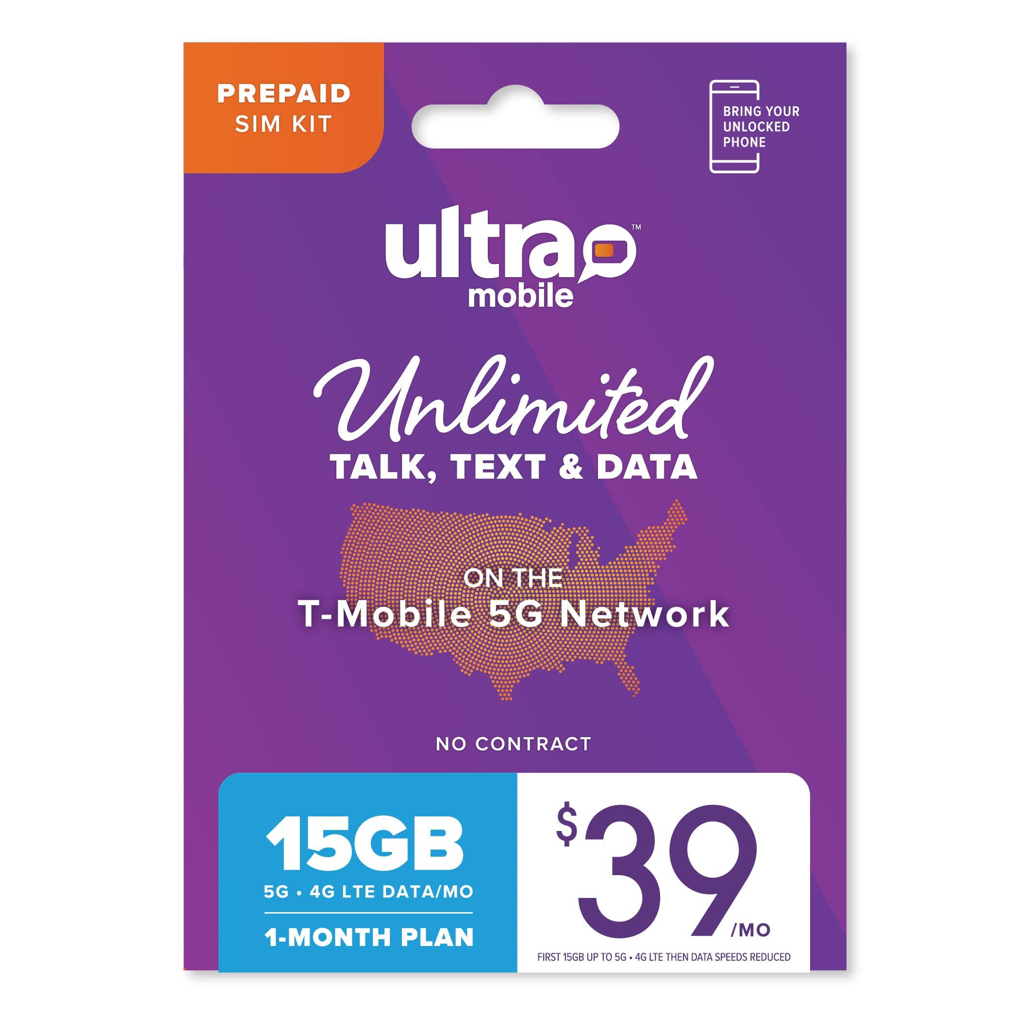 15GB LTE Prepaid Phone Plan - Ultra Mobile Sim Card - Unlimited Talk & Text to 80+ Intl. Destinations