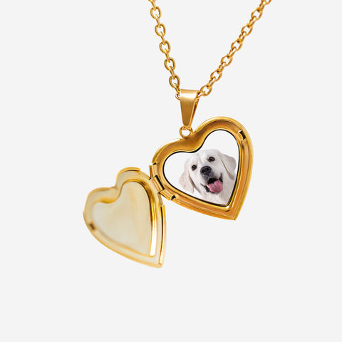 Custom pet portrait locket heart necklace photos included gold