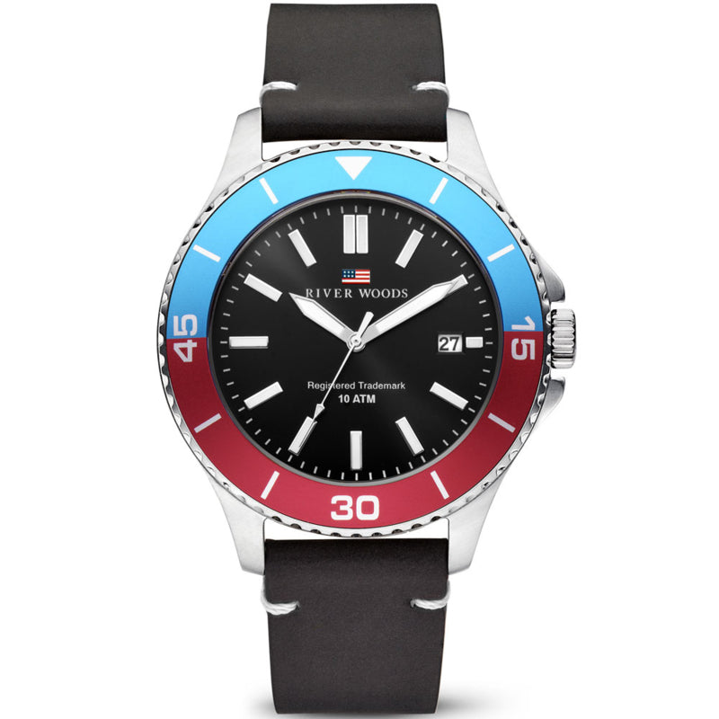 River Woods Herenhorloge 10ATM - Lederen Horlogeband Zwart-Pepsi