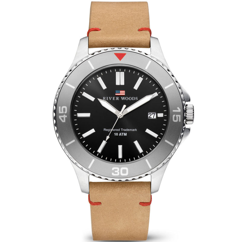 River Woods Herenhorloge 10ATM - Lederen Horlogeband Zwart-Grijs