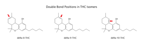 THC isomer double bond ring positions, delta-8 vs delta-9 vs delta-10