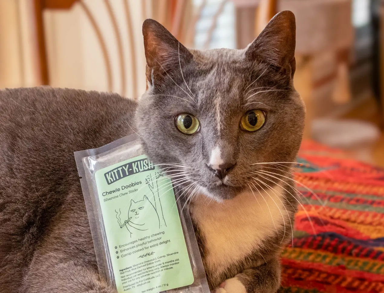 Gray cat with silvervine sticks package