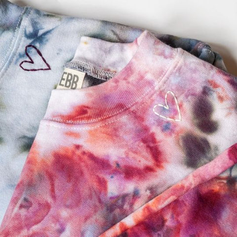 Eden & Ebb: Hand Dyed Apparel, tie-dyed sweatshirts with an embroidered heart