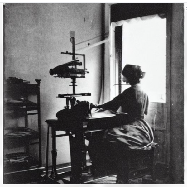 an alleged person sitting at an alleged sewing machine, in black and white