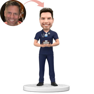Custom Male Doctor in Dark Blue Scrubs Bobblehead - Top1bobbleheads