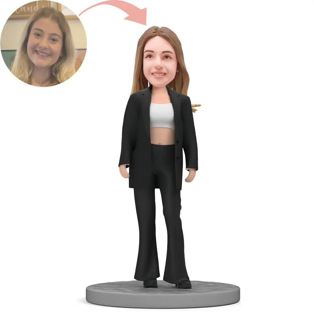 Custom Modern Girl in Black Oversize Suit Bobblehead