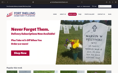 A screenshot of Fort Snelling Cemetery Flowers Home Page