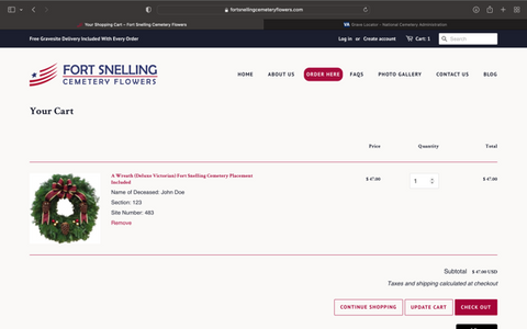 A screenshot of Fort Snelling Cemetery Flowers checkout page