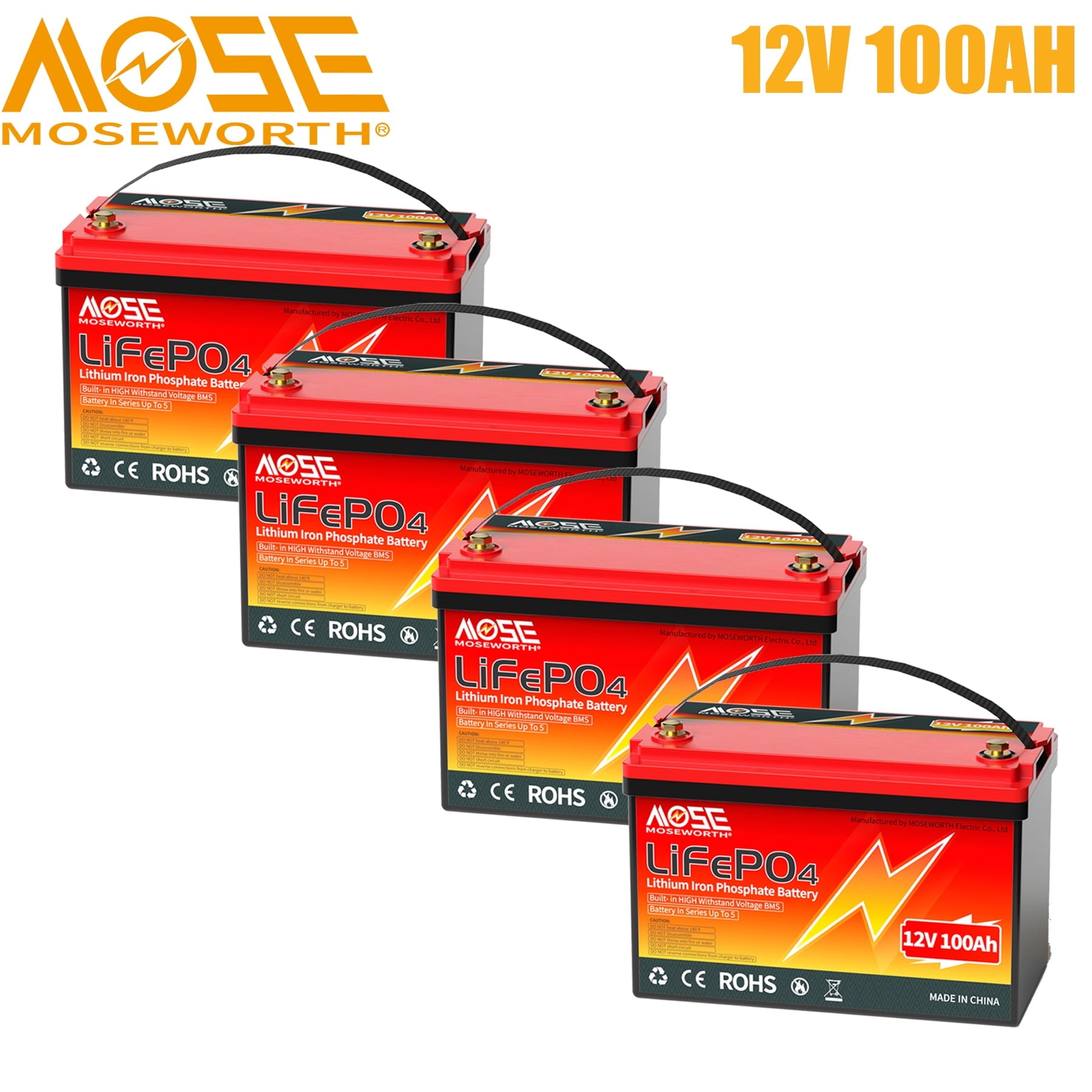4PACK 12V 100Ah LiFePO4 Battery,15000 Cycles,10-Year Lifetime BMS Battery for Golf Cart,RV,Solar,off-Grid
