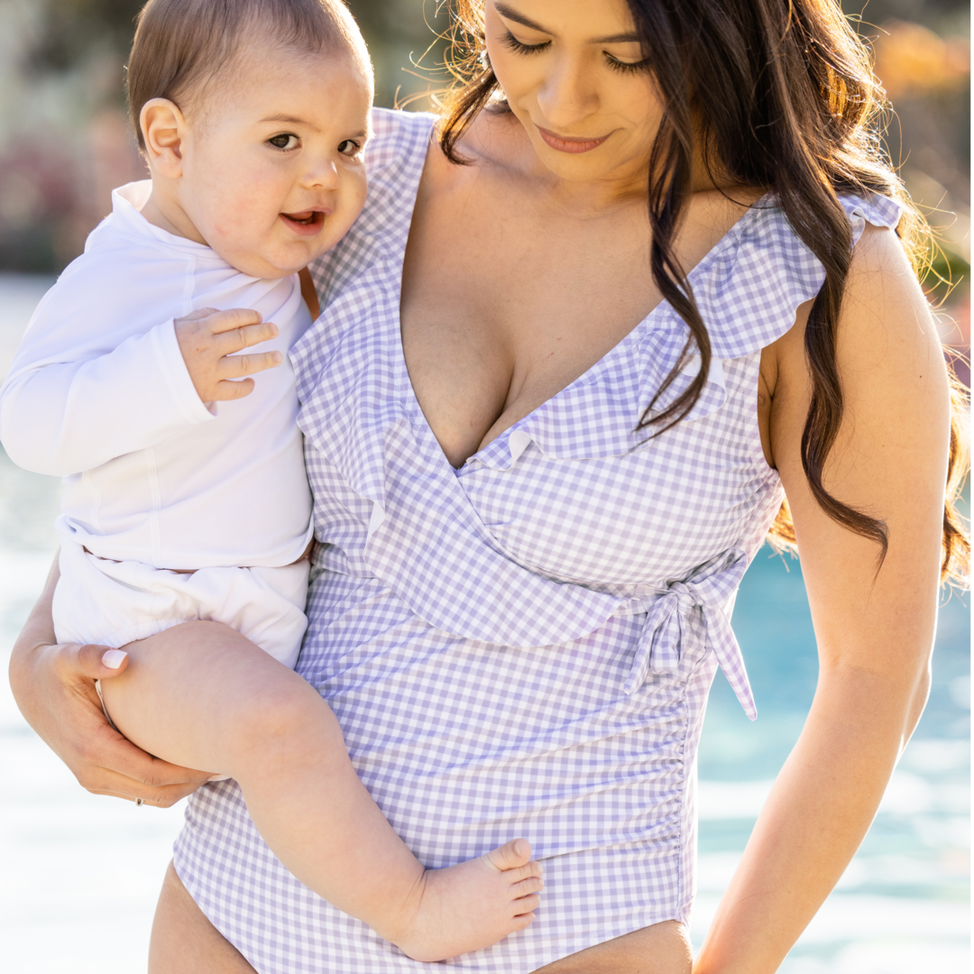 Ruffle Wrap Maternity & Nursing One Piece Swimsuit | Lavender Gingham