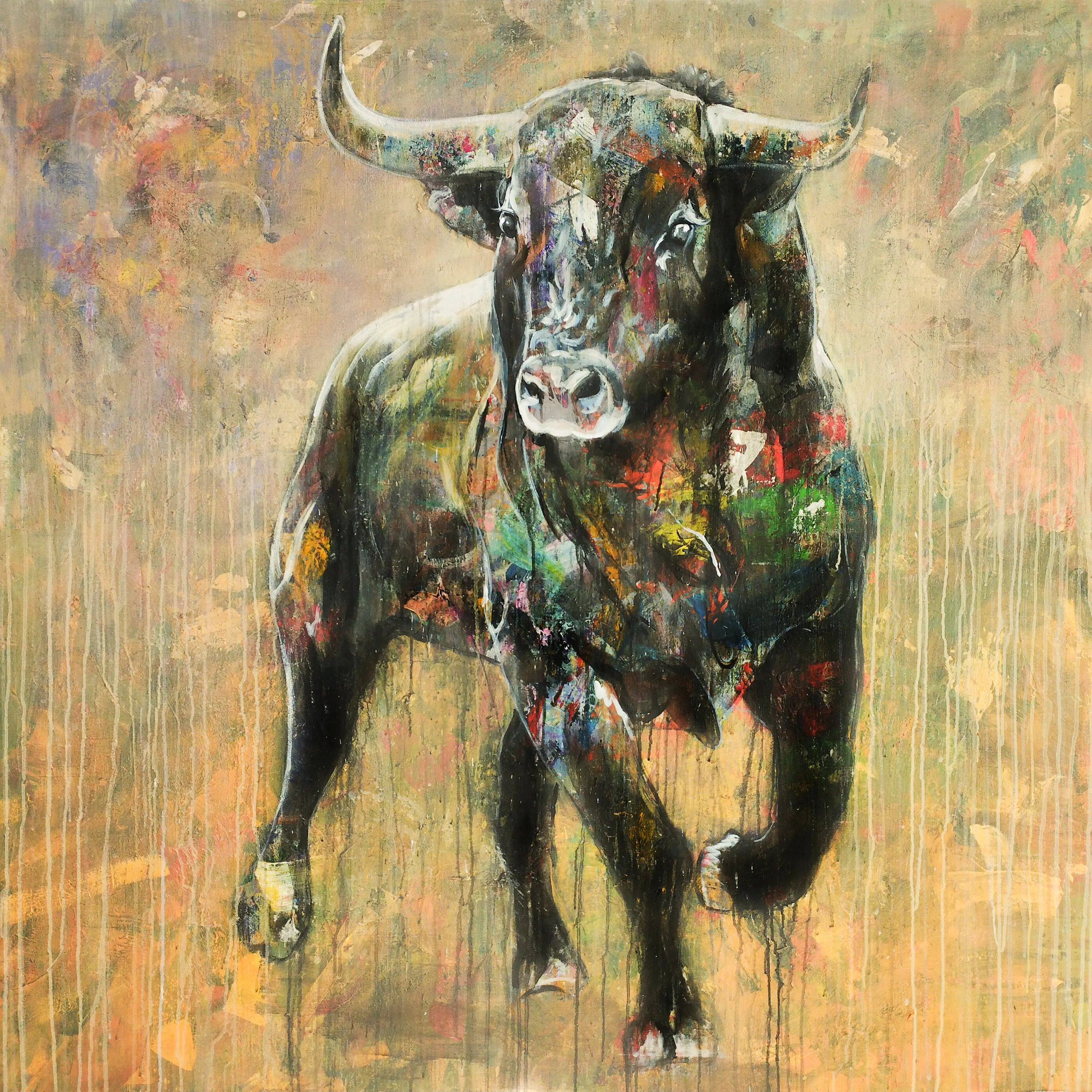 Abstraktes Acrylgemälde, sehr bunt und expressiv, mit Spachteltechnik und dynamischen Pinselstrichen in Rot, Blau und Gelb.