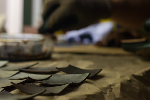 handmade logo drying after being dyed walnut