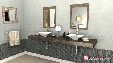 Floating bathroom vanity with free hanging shelf bracket by The Original Granite Bracket