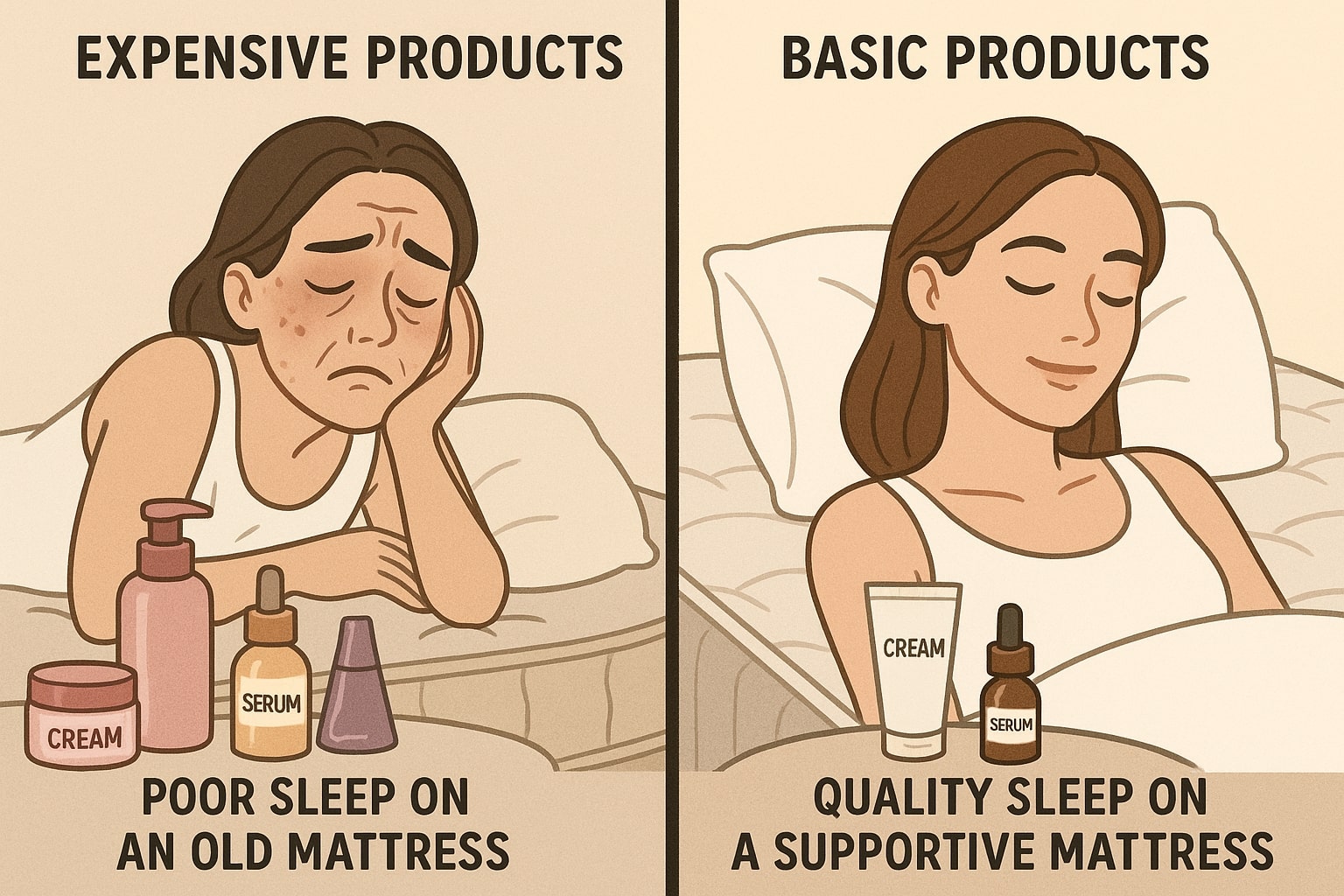 Beauty sleep products and skincare routine on organic mattress for better sleep Canada