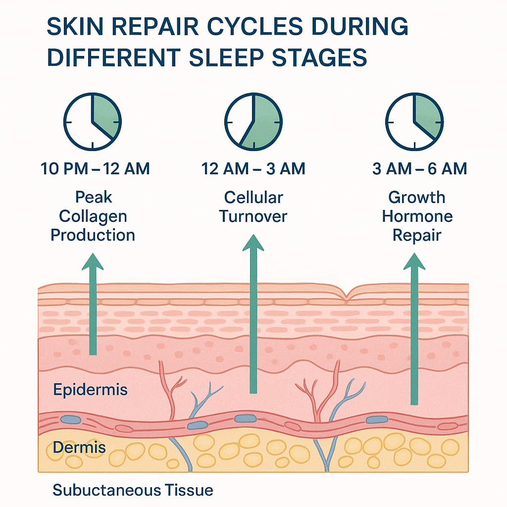 Scientific diagram showing skin repair cycles during different sleep stages