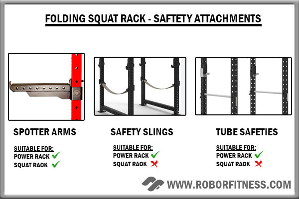 Folding squat rack safety attachments