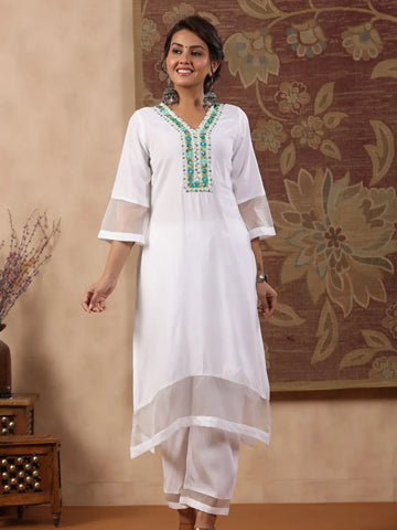 white yoke design straight kurta