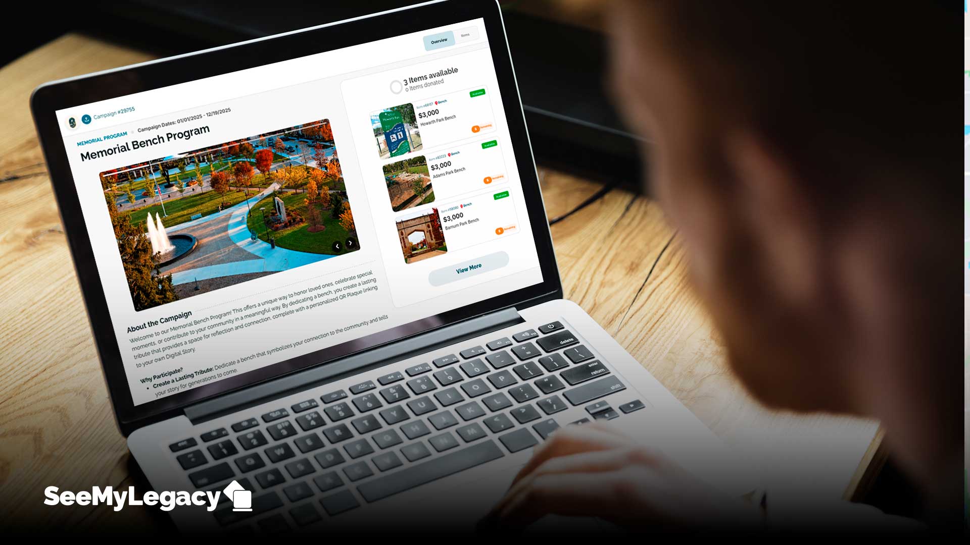 Person viewing the Memorial Bench Program page on a laptop