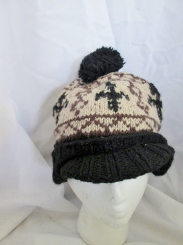 HANDMADE GRACE HATS Wool Knit HAT Cap Beanie Ethnic Boho BLACK WHITE Pompom