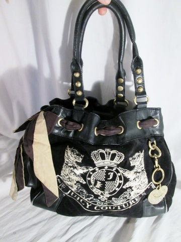 JUICY COUTURE Leather Velvet Heart DOG purse satchel BROWN M RHINESTON ...