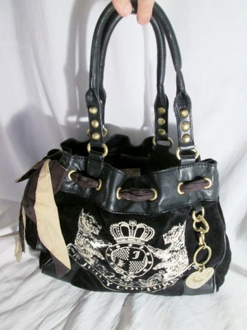 JUICY COUTURE Leather Velvet Heart DOG purse satchel BROWN M RHINESTON ...