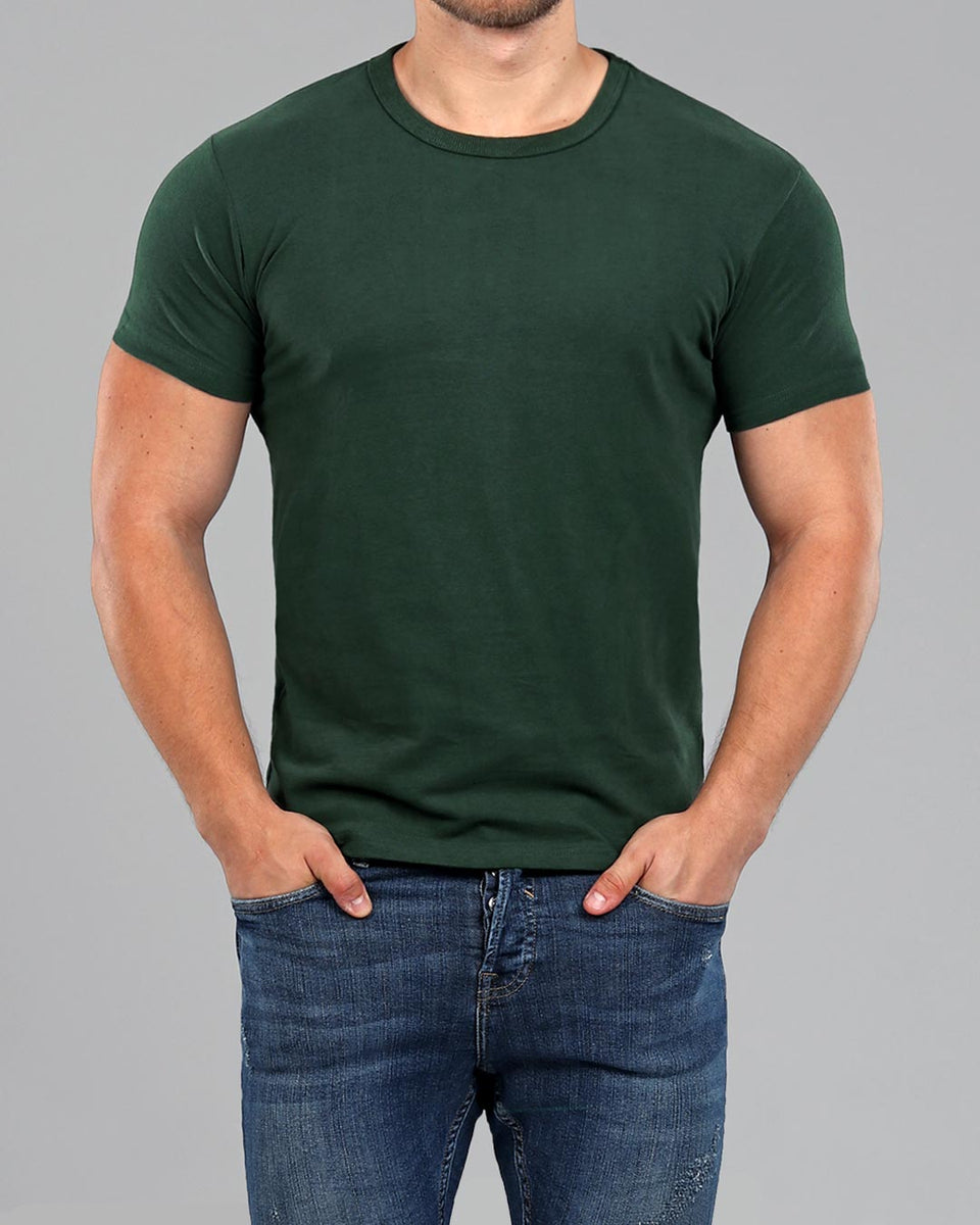 Men's Dark Green Crew Neck Fitted Plain T-Shirt | Muscle Fit Basics