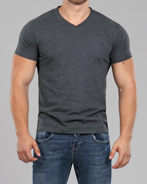 Men's Dark Grey V-Neck Fitted Plain T-Shirt | Muscle Fit Basics