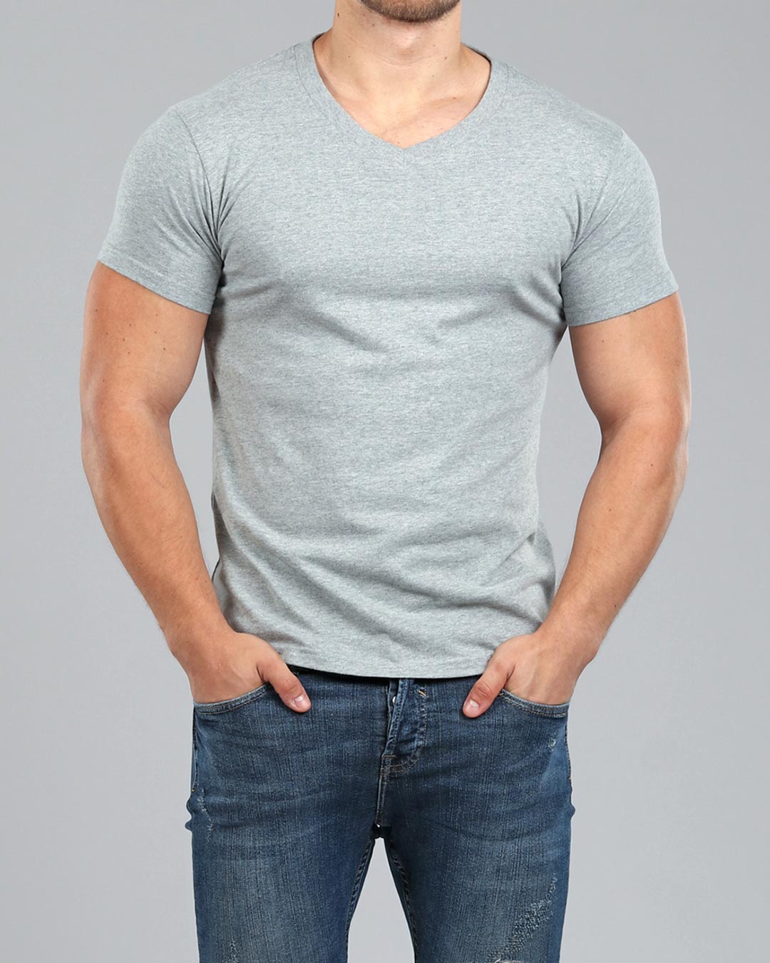 Men's Heather Grey V-Neck Fitted Plain T-Shirt | Muscle Fit Basics