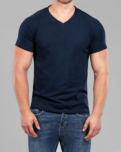 Men's Navy V-Neck Fitted Plain T-Shirt | Muscle