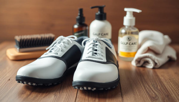 Closeup shot of a pair of white and black golf shoes placed on a wooden surface, with a soft, natural lighting illuminating the scene. The shoes are meticulously polished, showcasing their sleek and pristine appearance. In the background, a selection of golf care products, such as a shoe brush, leather conditioner, and a clean cloth, are neatly arranged, conveying a sense of attention to detail and proper maintenance. The overall mood is one of tranquility and focus, emphasizing the importance of taking care of one's golf equipment for longevity and optimal performance on the course.Closeup shot of a pair of white and black golf shoes placed on a wooden surface, with a soft, natural lighting illuminating the scene. The shoes are meticulously polished, showcasing their sleek and pristine appearance. In the background, a selection of golf care products, such as a shoe brush, leather conditioner, and a clean cloth, are neatly arranged, conveying a sense of attention to detail and proper maintenance. The overall mood is one of tranquility and focus, emphasizing the importance of taking care of one's golf equipment for longevity and optimal performance on the course.