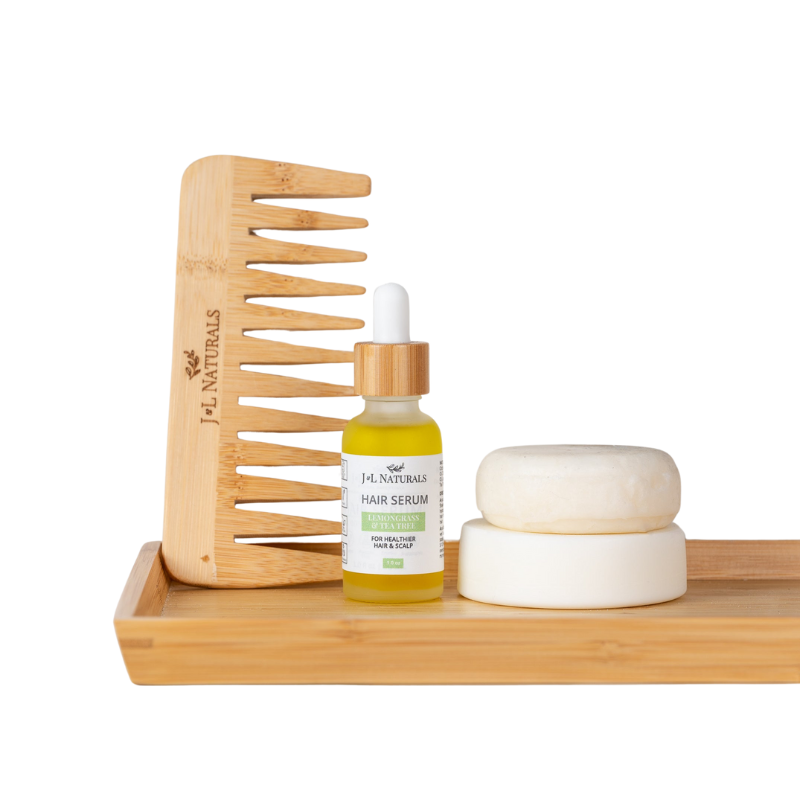 Super & Simple Hair Care Kit with shampoo, conditioner, hair serum, and bamboo comb.