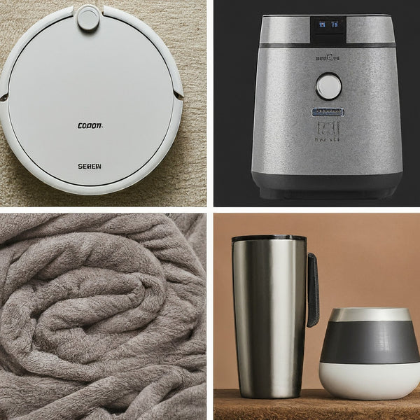 AI generated image for comfort & convenience part of the article. image includes air fryer, robot vacuum, coffee mug, and weighted blanket