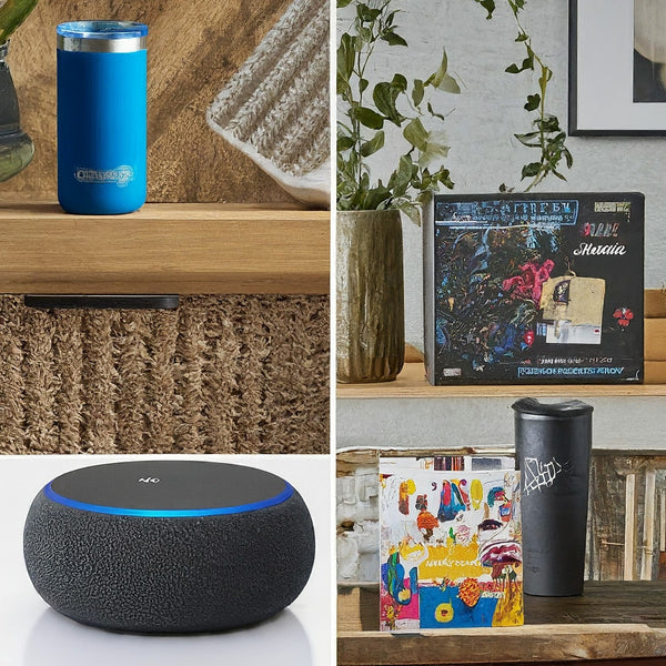 AI generated display image of the following items. echo dot, coffee mug, box game, etc.