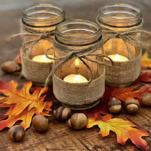 Mason jars wrapped in burlap and twine, holding tea lights, nestled among dried leaves and acorns on a rustic table