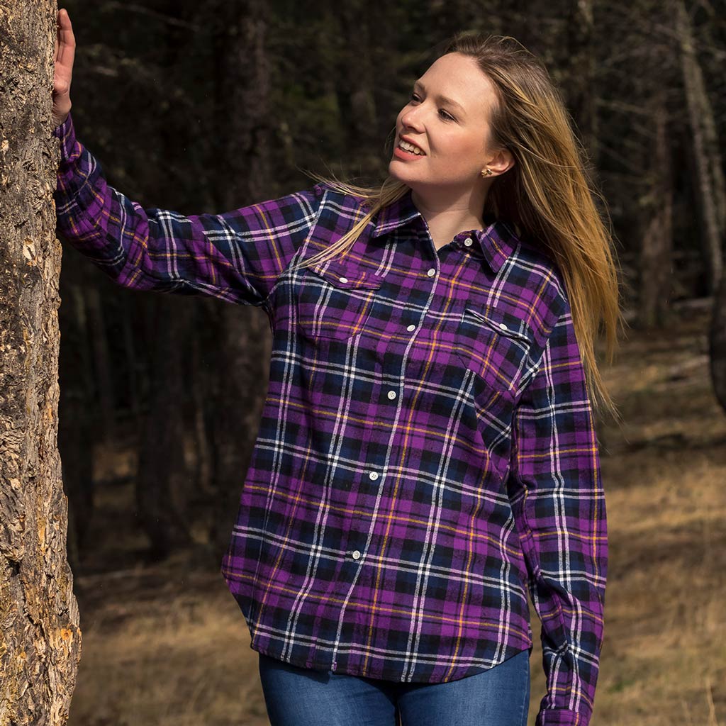 purple and yellow plaid shirt