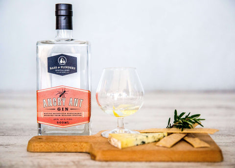 Bass & Flinders Distillery Mornington Peninsula Angry Ant Gin Angry Ant gin served beside cheese board