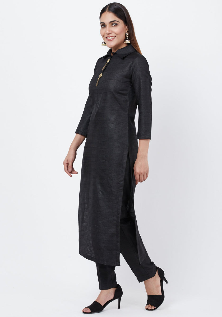 Black Collared Kurti with Straight Pants – anokherang