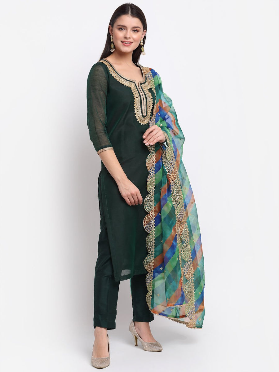 Chic Green Chanderi Straight Kurti with Pants and Leheriya Scalloped D ...