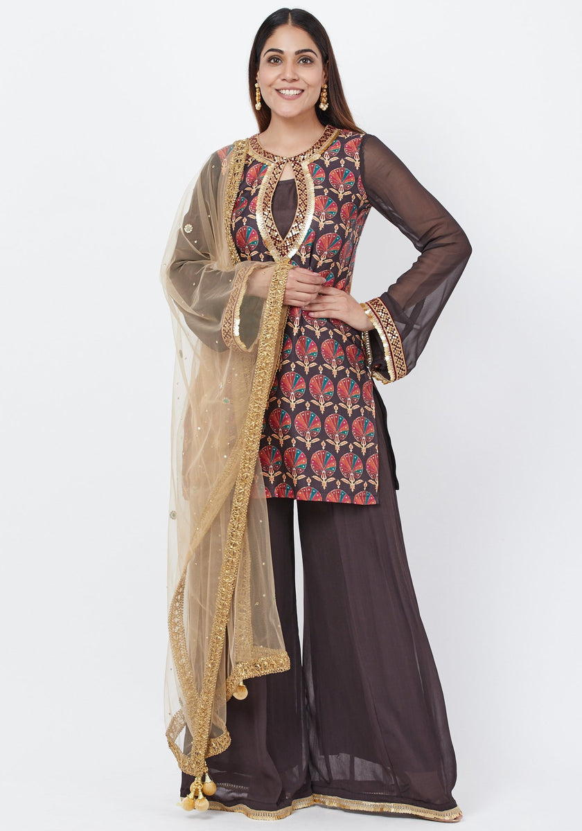 Coffee Brown Printed Sequenced Short Kurti with Palazzo and Mirror Net ...