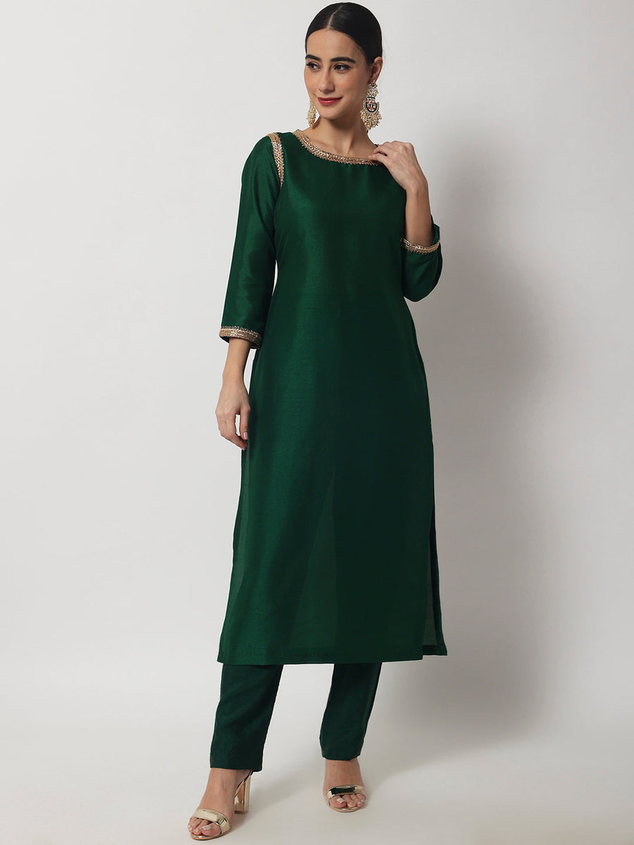 Emerald Green Silk Straight Kurti with Straight Pants – anokherang