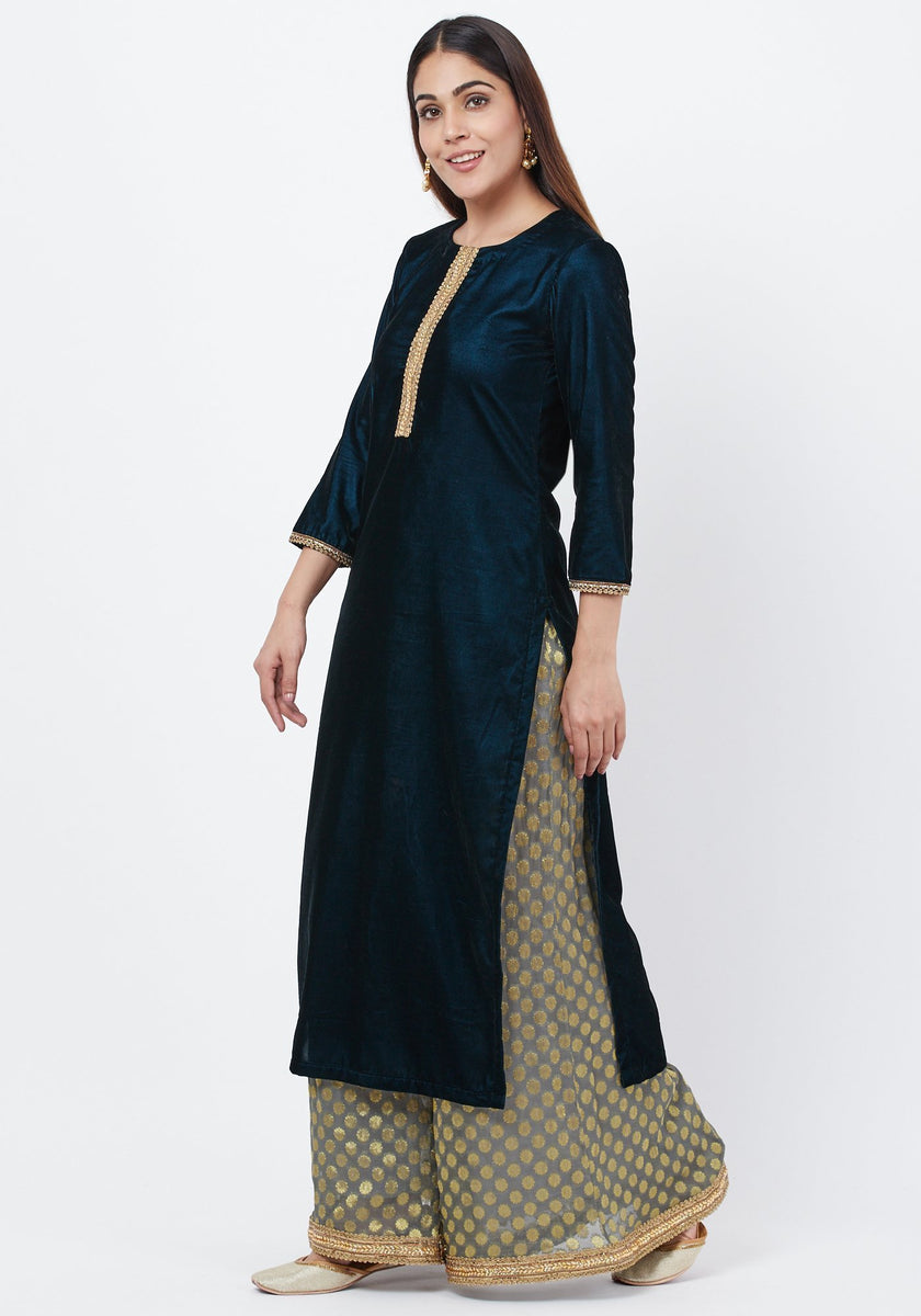 Empress Teal Gold Velvet Kundan Kurti with Banarsi Palazzo – anokherang